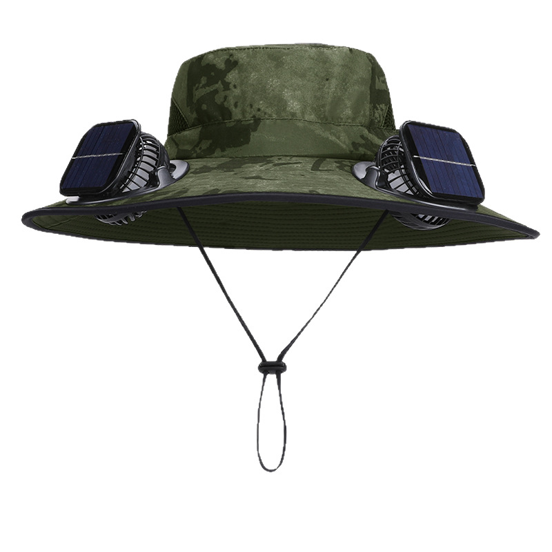 Men's Solar-Powered Dual-Fan Hat, Outdoor Hiking and Fishing Sun Hat, Ink Painting Style Wide-Brimmed Sun Protection Hat, Breathable Fisherman Hat