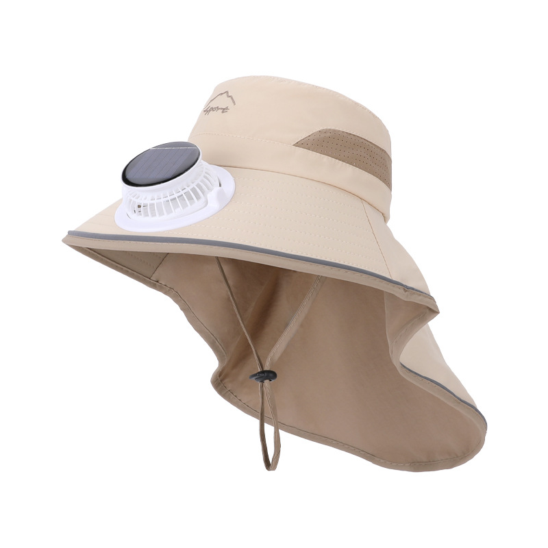 Summer children's solar-powered fan fisherman hat, rechargeable, wide-brimmed, sun protection, anti-UV, with neck flap.