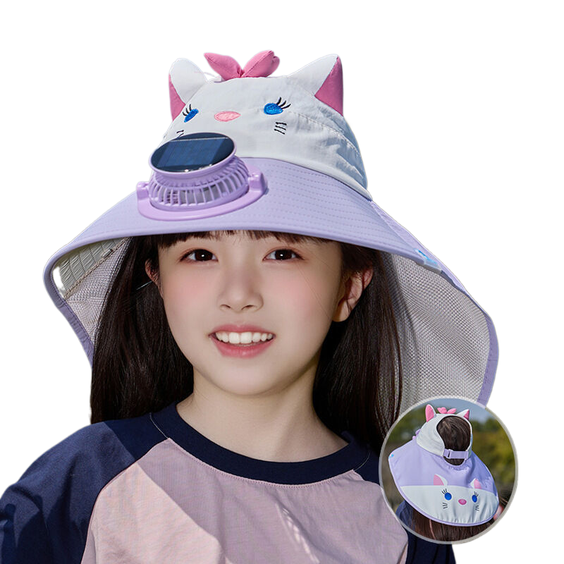 Solar-powered children's fan hat, summer sun hat for boys and girls, with neck flap, outdoor wide-brimmed sun protection hat.