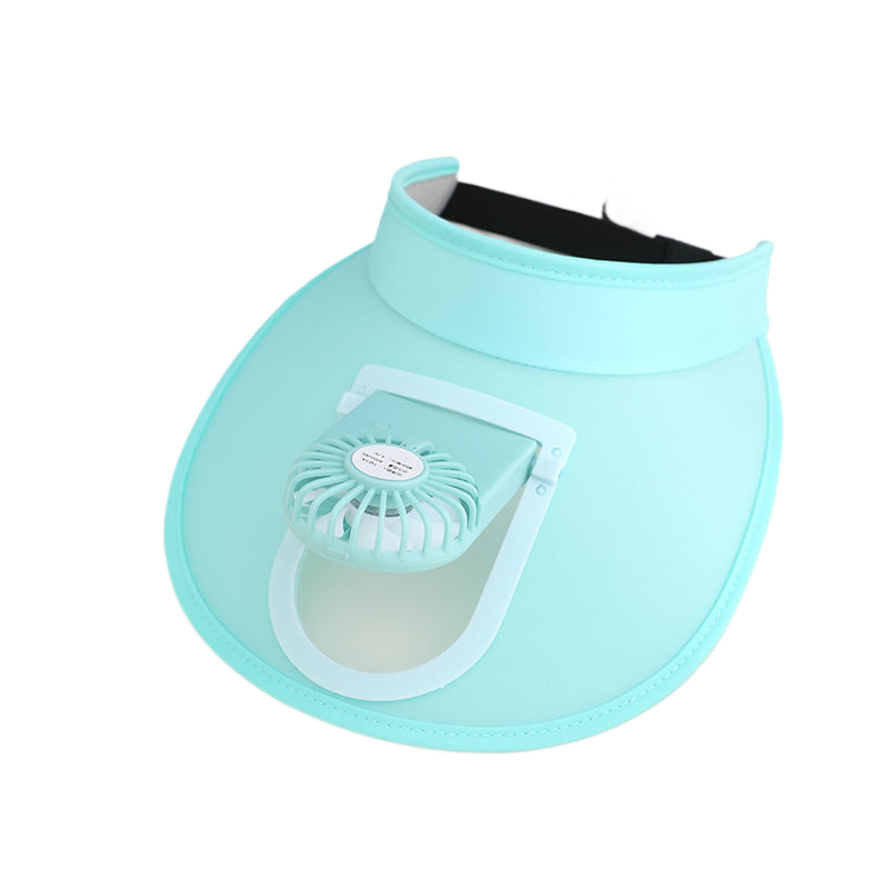 Dual-purpose sun visor hat with a small fan, UV protection, wide brim, and open top for outdoor activities.